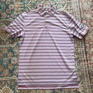 Men’s Peter Millar Summer Comfort Red Blue Stripe Riverbend CC Golf Polo Small